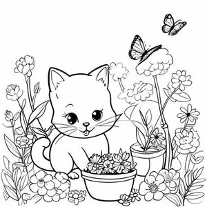 A kawaii cat gardening surrounded by flowers and a small funny apple tree, a butterfly flying over, simple colouring book page, black and white line art