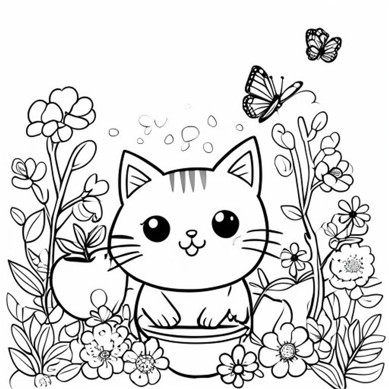 A kawaii cat, cute face, gardening surrounded by flowers and a small funny apple tree, a butterfly flying over, simple colouring book page, black and white line art