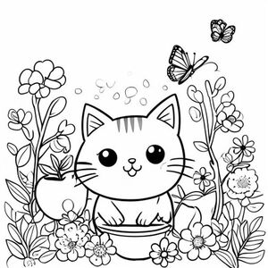 A kawaii cat, cute face, gardening surrounded by flowers and a small funny apple tree, a butterfly flying over, simple colouring book page, black and white line art