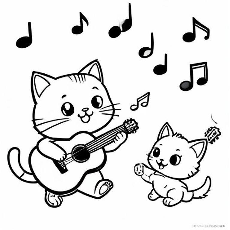 A kawaii cat playing guitar, with flying music notes, beside a little kitten dancing, simple colouring book page, black and white line art 