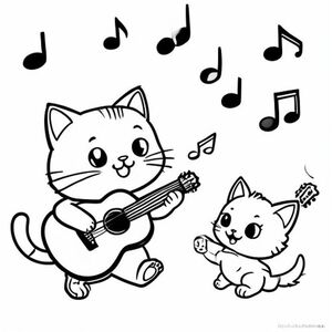 A kawaii cat playing guitar, with flying music notes, beside a little kitten dancing, simple colouring book page, black and white line art 
