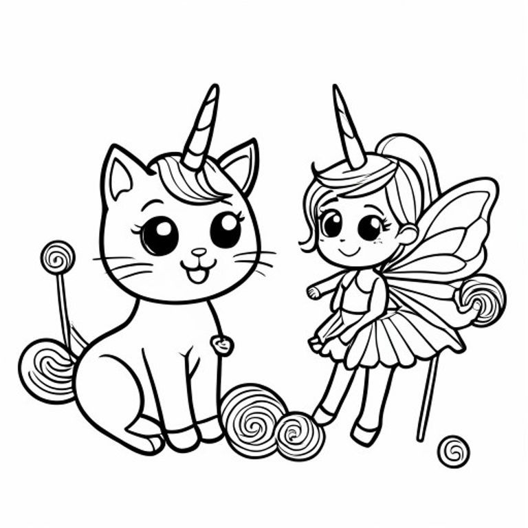 A kawaii cat unicorn, surrounded by lollipops, happy face and cute, beside her best friend fairy, simple colouring book page, black and white line art