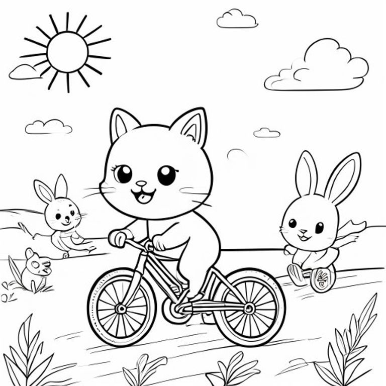 A kawaii cat riding a bicycle, sunny sky, smiling and cute face, riding with her friends rabbit, simple colouring book page, black and white line art