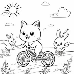 A kawaii cat riding a bicycle, sunny sky, smiling and cute face, riding with her friends rabbit, simple colouring book page, black and white line art