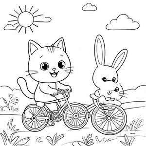 A kawaii cat riding a bicycle, sunny sky, smiling and cute face, riding with a friend of her that is a rabbit, simple colouring book page, black and white line art