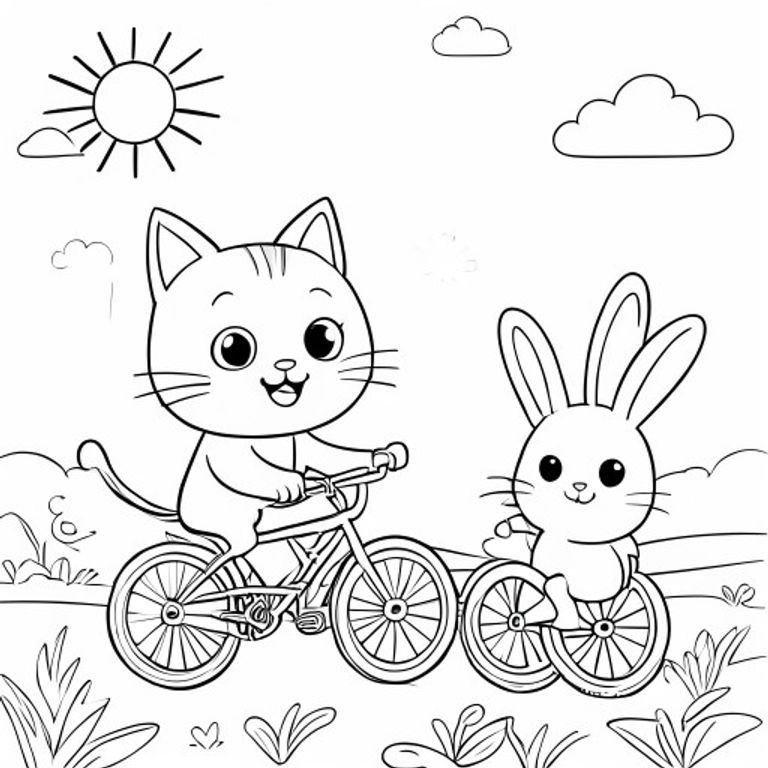 A kawaii cat riding a bicycle, sunny sky, smiling and cute face, riding with her friend rabbit, simple colouring book page, black and white line art