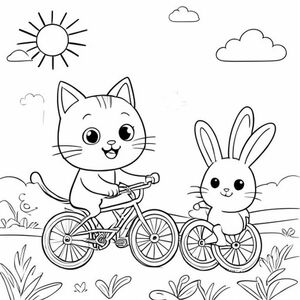A kawaii cat riding a bicycle, sunny sky, smiling and cute face, riding with her friend rabbit, simple colouring book page, black and white line art