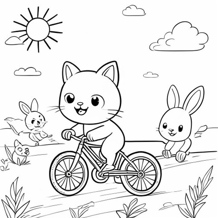 A kawaii cat riding a bicycle, sunny sky, smiling and cute face, riding with her friends bunny, simple colouring book page, black and white line art