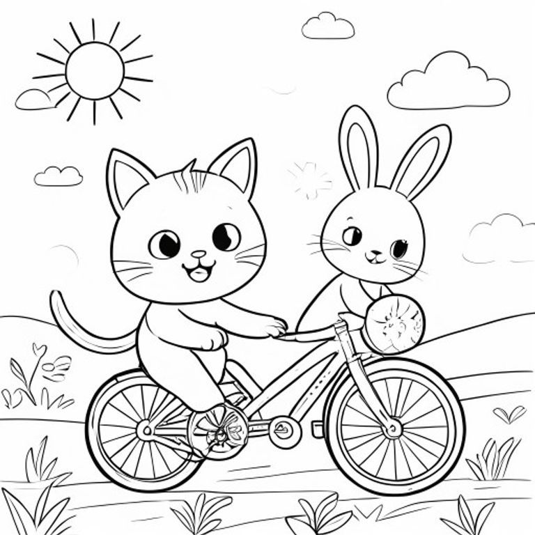 A kawaii cat riding a bicycle, sunny sky, smiling and cute face, draw the cute cat with a friend bunny, simple colouring book page, black and white line art