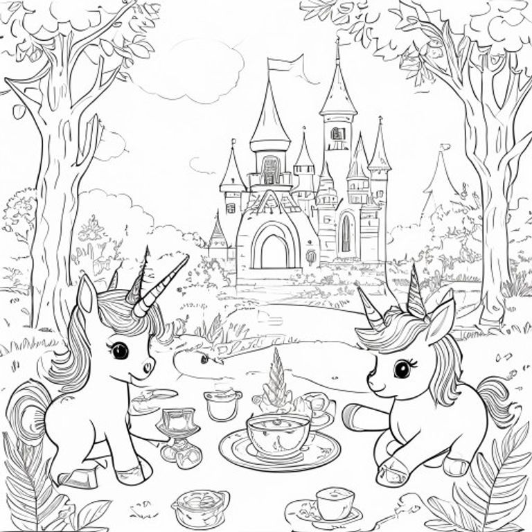 Tea party with woodland animals that include cute unicorns and  fairy princess and castle  for age 4-11 and a colorful cover page with a place to write name and include page number on every page 