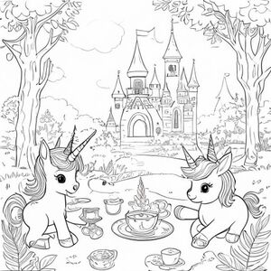 Tea party with woodland animals that include cute unicorns and  fairy princess and castle  for age 4-11 and a colorful cover page with a place to write name and include page number on every page 