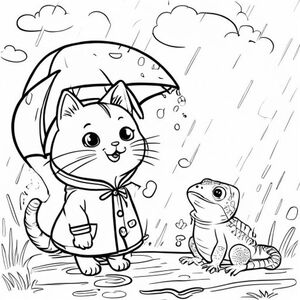 Một chú mèo dễ thương, dễ thương và hát trong mưa, mặc áo mưa và ô, bên cạnh một con thằn lằn nhỏ, bầu trời u ám, trang sách tô màu đơn giản, nét vẽ đen trắng
