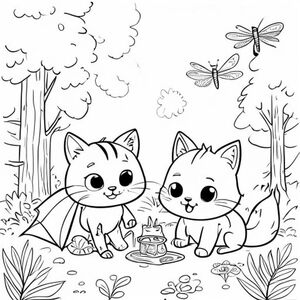 Một chú mèo dễ thương với đôi mắt dễ thương, cắm trại bên cạnh một con cáo dễ thương mỉm cười với cô, xung quanh là cây cối và hai con chuồn chuồn, trang sách tô màu đơn giản, nét vẽ đen trắng  