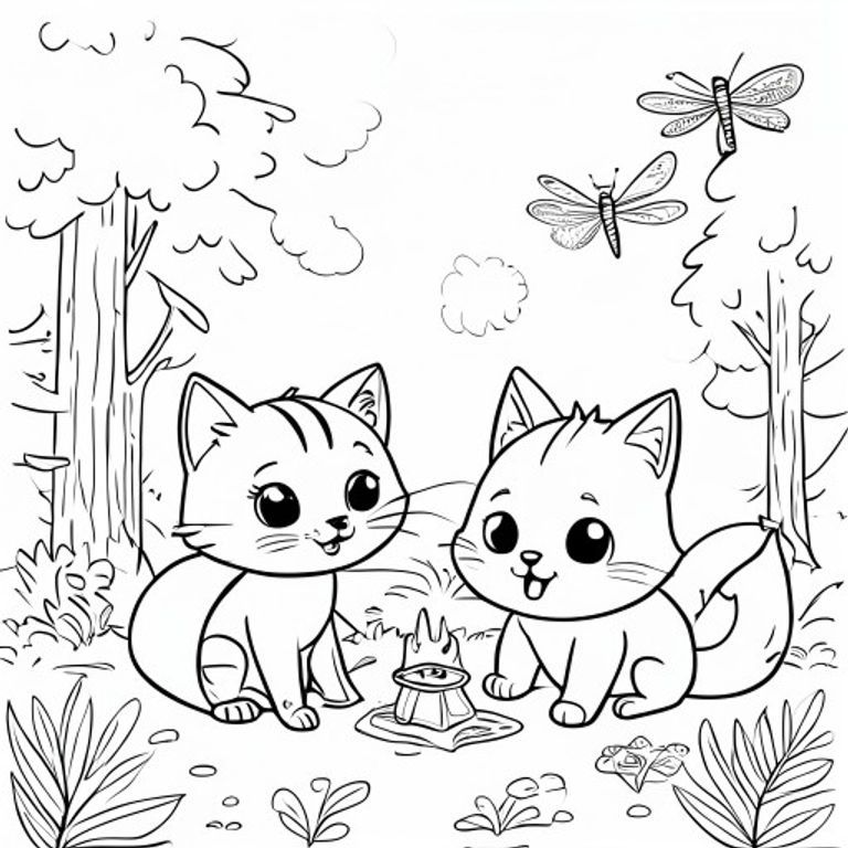 Một chú mèo dễ thương với đôi mắt rõ nét dễ thương, cắm trại bên cạnh một con cáo dễ thương mỉm cười với cô, xung quanh là cây cối và hai con chuồn chuồn, trang sách tô màu đơn giản, tranh vẽ đường nét đen trắng, đường nét tinh tế  