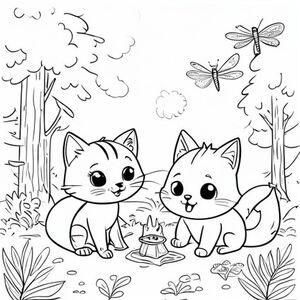 Một chú mèo dễ thương với đôi mắt rõ nét dễ thương, cắm trại bên cạnh một con cáo dễ thương mỉm cười với cô, xung quanh là cây cối và hai con chuồn chuồn, trang sách tô màu đơn giản, tranh vẽ đường nét đen trắng, đường nét tinh tế  