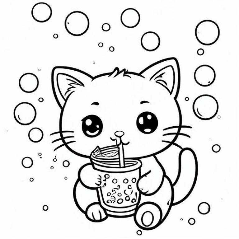 A kawaii cat drinking bubble tea with a straw, surrounded by small and big bubbles, simple colouring book page, black and white line art, fine lines   