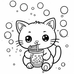 A kawaii cat drinking bubble tea with a straw, surrounded by small and big bubbles, simple colouring book page, black and white line art, fine lines   
