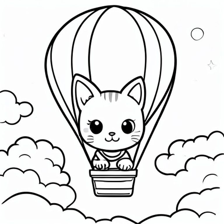 A kawaii cat in a hot air balloon, flying in the sky at night, simple colouring book page, black and white line art, fine lines   
