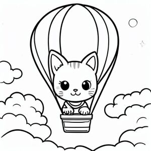 A kawaii cat in a hot air balloon, flying in the sky at night, simple colouring book page, black and white line art, fine lines   