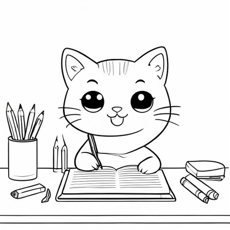 Một chú mèo dễ thương cười với đôi mắt dễ thương và rõ nét, ngồi ở bàn học, cầm bút chì trên tay và một cuốn sổ ghi chép trên bàn, bên cạnh bút màu, trang sách tô màu đơn giản, nét vẽ đen trắng, những đường nét tinh tế    