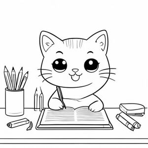 Một chú mèo dễ thương cười với đôi mắt dễ thương và rõ nét, ngồi ở bàn học, cầm bút chì trên tay và một cuốn sổ ghi chép trên bàn, bên cạnh bút màu, trang sách tô màu đơn giản, nét vẽ đen trắng, những đường nét tinh tế    