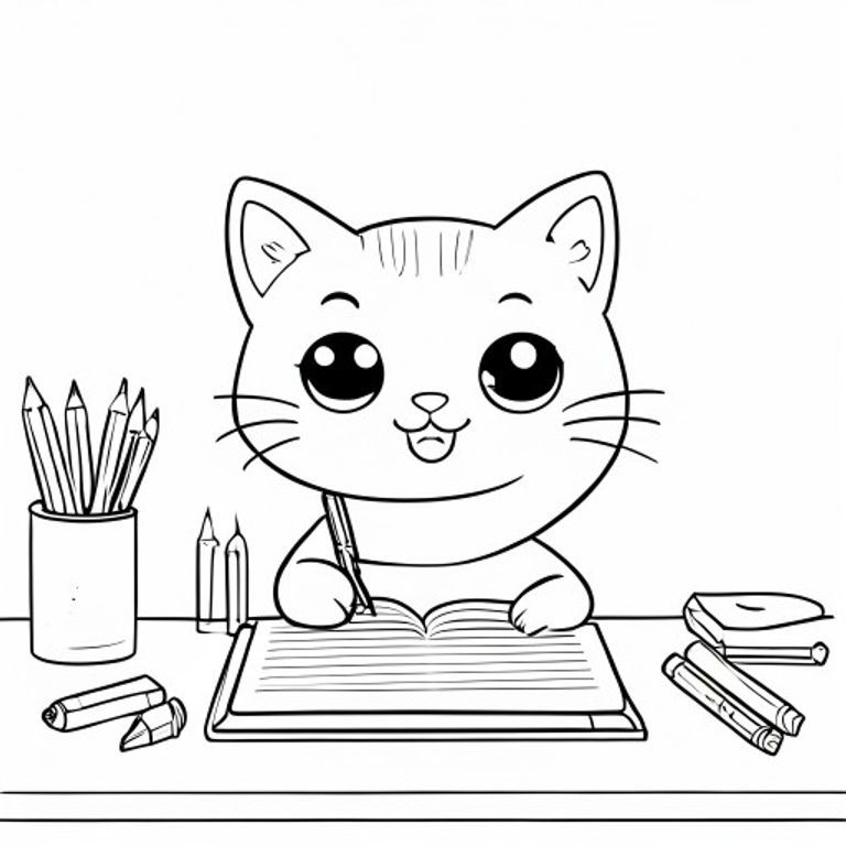 Một chú mèo dễ thương cười với đôi mắt dễ thương và rõ nét, ngồi ở bàn học, cầm bút chì trên tay và một cuốn sổ ghi chép trên bàn, bên cạnh bút màu, một trang sách tô màu đơn giản, nét vẽ đen trắng, những đường nét tinh tế    