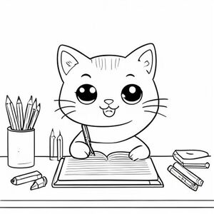 Một chú mèo dễ thương cười với đôi mắt dễ thương và rõ nét, ngồi ở bàn học, cầm bút chì trên tay và một cuốn sổ ghi chép trên bàn, bên cạnh bút màu, một trang sách tô màu đơn giản, nét vẽ đen trắng, những đường nét tinh tế    