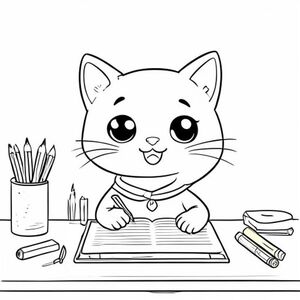 Một chú mèo kawaii cười với đôi mắt và cổ dễ thương, rõ nét, ngồi ở bàn học, cầm bút chì trên tay và một cuốn sổ ghi chép trên bàn, bên cạnh bút màu, một trang sách tô màu đơn giản, nét vẽ đen trắng, những đường nét tinh tế    