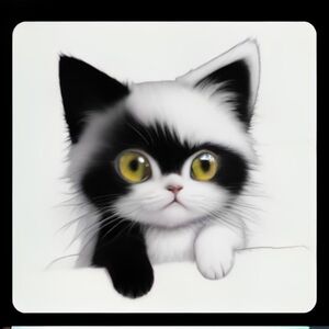 Một chú mèo kawaii với đôi mắt dễ thương và rõ nét, vẽ cầu vồng, cầm cọ vẽ trên tay, xung quanh là những giọt màu, trang sách tô màu đơn giản, nét vẽ đen trắng, những đường nét tinh tế    