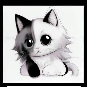 Một chú mèo kawaii với đôi mắt dễ thương và rõ nét. Con mèo dễ thương đang vẽ cầu vồng trên toan với cây cọ trong tay. Con mèo được bao quanh bởi những giọt màu rơi từ trên trời, một trang sách tô màu đơn giản, tranh vẽ đường nét đen trắng, những đường nét tinh tế, đen trắng, trống rỗng để tô màu    