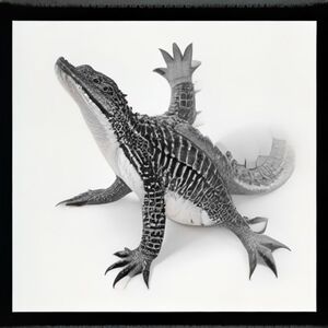 Cute alligator for a children's coloring book, full body, smiling, simple swamp plants around it, bold thick black outlines, clean white background, no shading, no color, simple cute cartoon style, large open areas for coloring