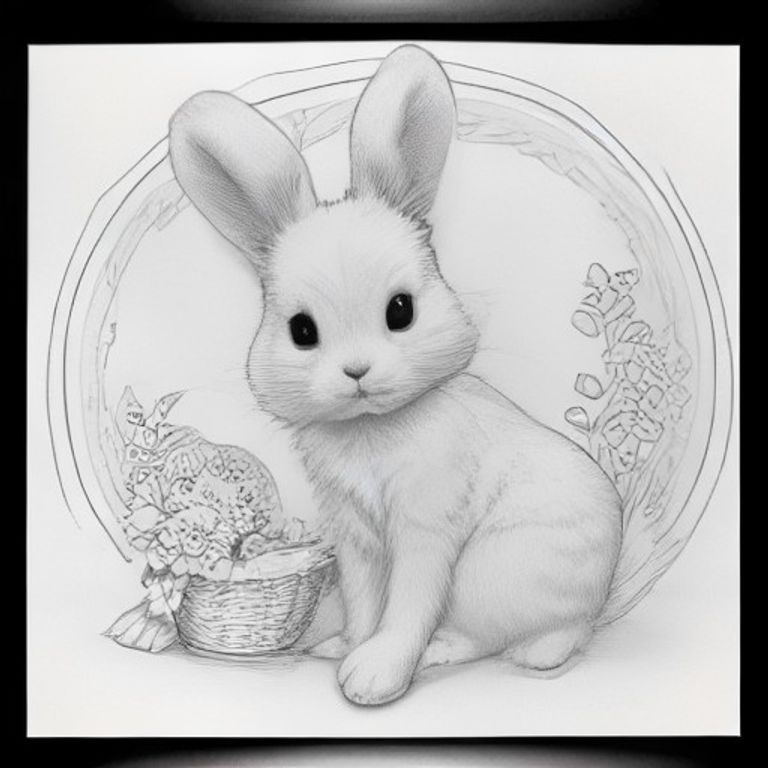 A profile view of a cute bunny, sitting beside a basket of flowers, in a sunny flower garden, surrounded by daisies, butterflies, mushrooms, and fluffy clouds, adorable children's coloring book style, bold clean black outlines, white background, A4 portrait.
