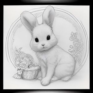 A profile view of a cute bunny, sitting beside a basket of flowers, in a sunny flower garden, surrounded by daisies, butterflies, mushrooms, and fluffy clouds, adorable children's coloring book style, bold clean black outlines, white background, A4 portrait.