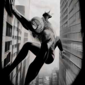 spiderman hunging from a building