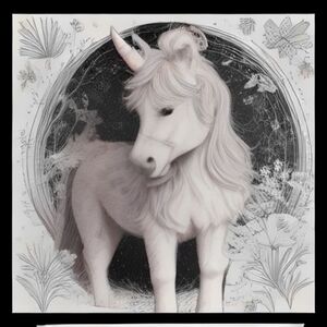 Cute magical unicorn standing in an enchanted forest, surrounded by flowers, mushrooms, butterflies, and small stars. Adorable children's coloring book style, thick clean black outlines, white background, simple shapes, large open areas for coloring, consistent line art, black and white only, no color, no gray shading, no text, no letters, no numbers, no border, no watermark, centered composition, printable coloring book page, same cute unicorn character style throughout the entire book.
