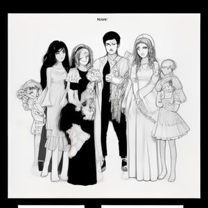 Concept: The Marigold family — a big, warm  Spanish family living in a cliffside house covered in flowers, each person with one small, whimsical gift.  first coloring page is about Baby Milo makes it rain (giant chubby baby, a few big raindrop shapes) — simplest page