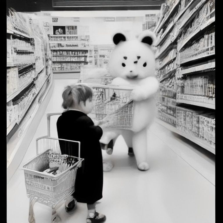  A cute bear and bunny doing their weekly grocery shopping together inside a charming neighborhood grocery store. The bear is pushing a shopping cart filled with vegetables, bread, fruit and a carton of milk while the bunny stands beside a produce display choosing strawberries. A small cat is reaching for a loaf of bread nearby. Include detailed grocery shelves, baskets, jars, fruit crates, leafy vegetables, a bakery section and shopping bags. Make the animals the main focal point and the store environment rich but clean. Cozy, charming and highly satisfying to color.