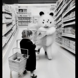  A cute bear and bunny doing their weekly grocery shopping together inside a charming neighborhood grocery store. The bear is pushing a shopping cart filled with vegetables, bread, fruit and a carton of milk while the bunny stands beside a produce display choosing strawberries. A small cat is reaching for a loaf of bread nearby. Include detailed grocery shelves, baskets, jars, fruit crates, leafy vegetables, a bakery section and shopping bags. Make the animals the main focal point and the store environment rich but clean. Cozy, charming and highly satisfying to color.