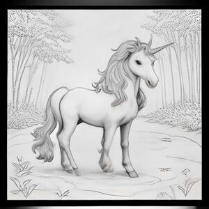Cute unicorn In a forest and a river behind it 