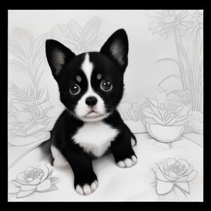 A cute little cartoon puppy sitting in a beautiful garden, surrounded by large flowers, butterflies, leaves and a small wooden fence. Clean black and white coloring book page, bold clear outlines, simple shapes, no colors, no gray shading, no gradients, white background, highly detailed but easy to color, child-friendly, centered composition, printable coloring page, A4 portrait format, no text, no letters, no watermark