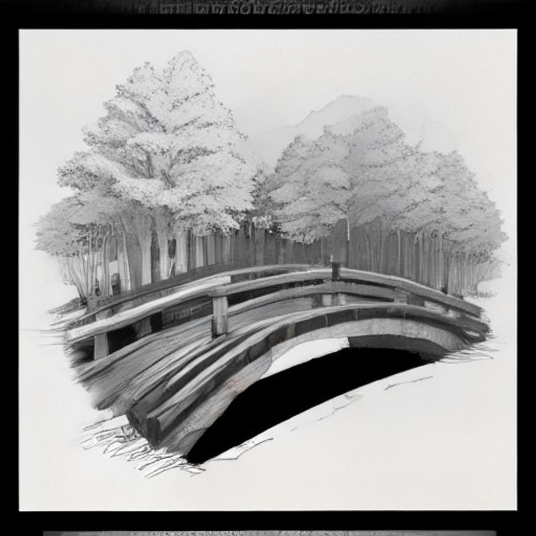 A cute cartoon adventure car crossing a wooden bridge over a small river, surrounded by mountains, trees, rocks, flowers and clouds. Clean black and white coloring book page, bold clear outlines, no colors, no gray shading, white background, detailed but easy to color, child-friendly, centered composition, printable A4 portrait, no text, no letters, no watermark.