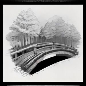 A cute cartoon adventure car crossing a wooden bridge over a small river, surrounded by mountains, trees, rocks, flowers and clouds. Clean black and white coloring book page, bold clear outlines, no colors, no gray shading, white background, detailed but easy to color, child-friendly, centered composition, printable A4 portrait, no text, no letters, no watermark.