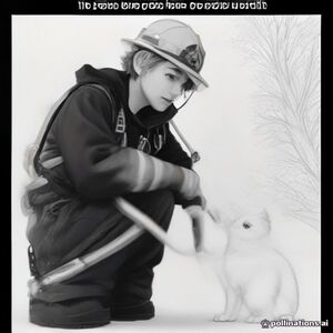 2nd page: Friendly firefighter rescuing a cute kitten from a low tree beside a fire station. Simple cartoon coloring page for children ages 3–6, very thick clean black outlines, large easy-to-color spaces, simple shapes, minimal details, black and white line art, white background, no shading, no gray, no text, no logos
