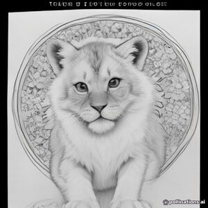 Cute baby lion sitting happily in a small flower garden, big friendly eyes, fluffy rounded mane, cheerful smile, three large simple flowers and a few leaves around it. Preschool coloring book illustration for ages 2-5, thick smooth black outlines, large simple shapes, minimal details, large open spaces for easy coloring, pure white background, black-and-white line art, centered composition, portrait orientation, clean printable design. No color, no shading, no gray, no text, no letters, no numbers, no watermark, no complicated background.