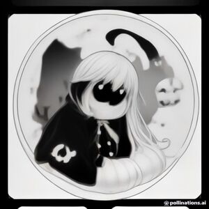 Kawaii style cute spooky ghost with spooky friends at Halloween party in cozy house surrounded by candy cats and bats for adults