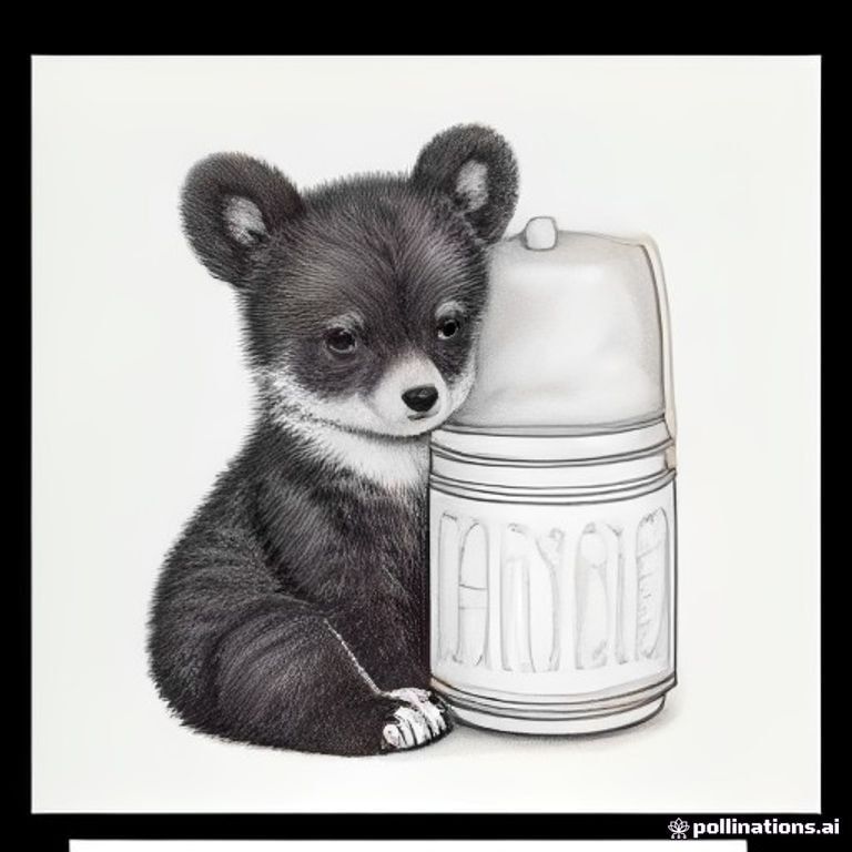 A cute baby bear holding a little honey pot beside a beehive. 8.5:11 ratio