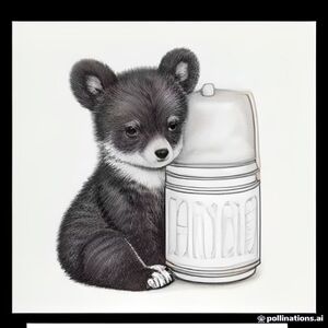 A cute baby bear holding a little honey pot beside a beehive. 8.5:11 ratio