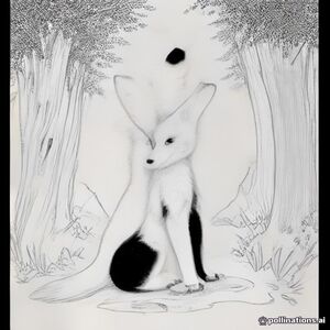 Cute baby fox sitting under a large tree in a magical woodland forest, simple bold black outlines, children's coloring book, large easy-to-color areas, white background, no shading, no gray, no color, no text