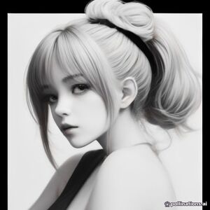 a anime girl close up. her hair is in a bun 

