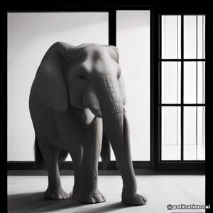 Elephant’s Quiet Morning
An elephant sitting beside a warm wooden window, wearing a knitted sweater, holding a steaming cup of tea.